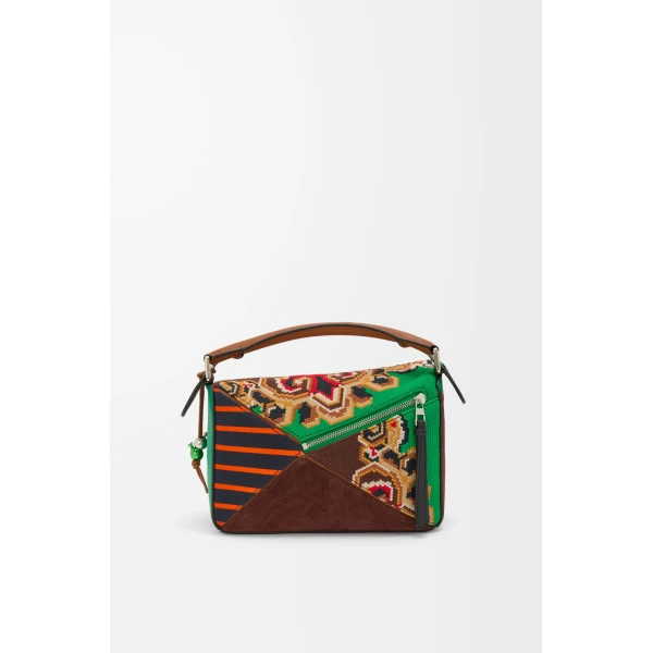 LOEWE Puzzle 10 Patchwork re-edition bag in calfskin, suede and canvas, view 6