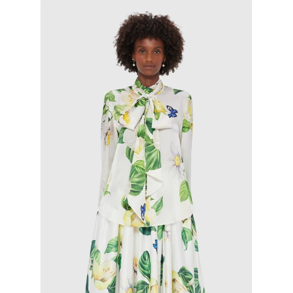 one can almost feel the sensation of sunshine through the fabric. - Tie Neck Silk Blouse - Joie Print in Snow from Coveti