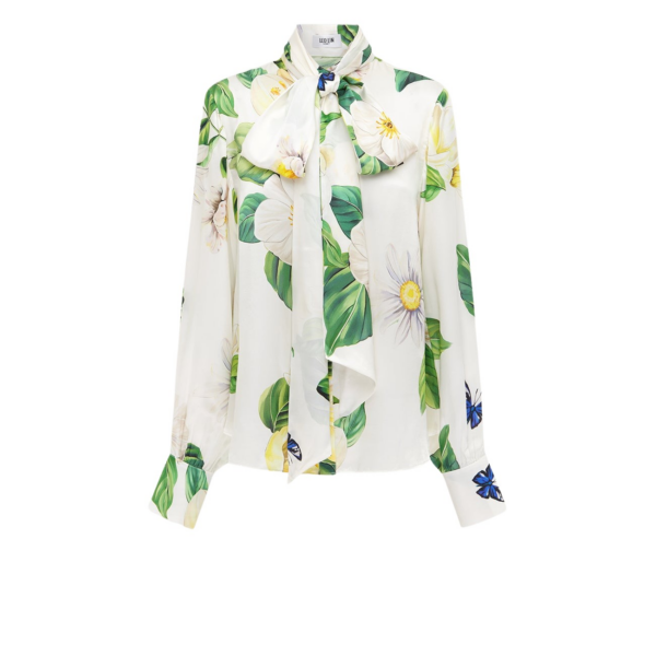 Leo Lin Freya white blouse with long sleeves and tie-neck detail — classic designer staple available at Coveti