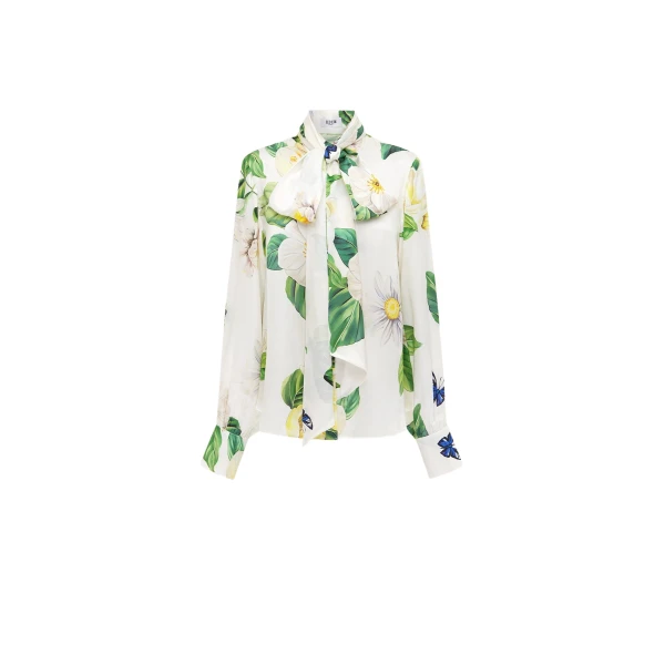 Leo Lin Freya white blouse with long sleeves and tie-neck detail — classic designer staple available at Coveti