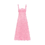 Leo Lin Odette pink floral lace midi dress with short sleeves and fitted waist — romantic designer fashion at Coveti