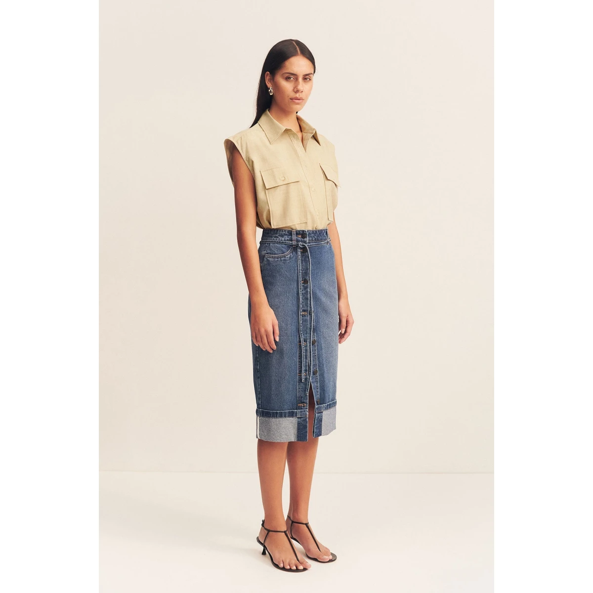 Boyd Split Front Pencil Midi Skirt - Vintage Blue - Image 3