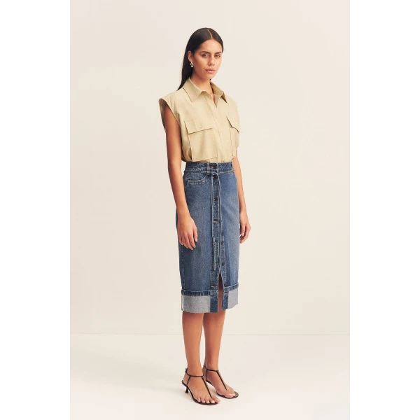 Boyd Split Front Pencil Midi Skirt - Vintage Blue - Image 3