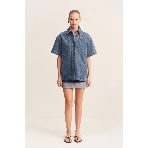 Shona Joy Boyd Cuffed Mini Skirt – Vintage Blue, view 4