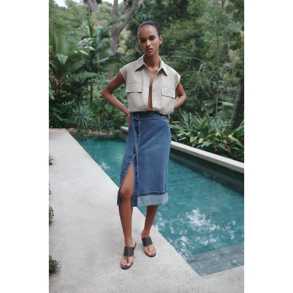 Boyd Split Front Pencil Midi Skirt - Vintage Blue - Image 6