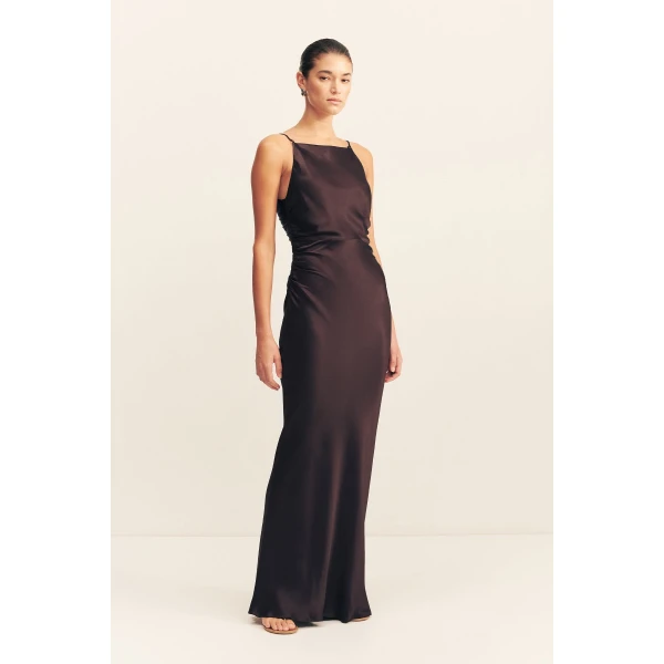 La Lune High Neck Ruched Maxi Dress - Espresso - Image 3