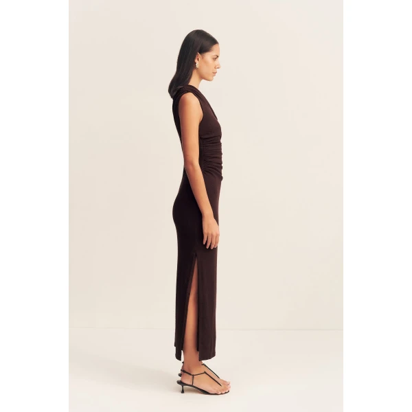Beau Gathered Asymmetrical Midi Dress - Espresso - Image 5