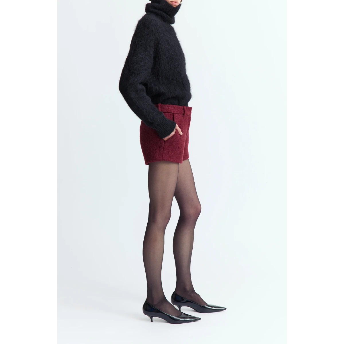 16Arlington Red Shorts with The Inga Short is crafted from rich burgundy bouclé