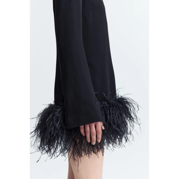 defined by an exaggerated collar and a narrow plunge split at the chest. Mini in length with long sleeves