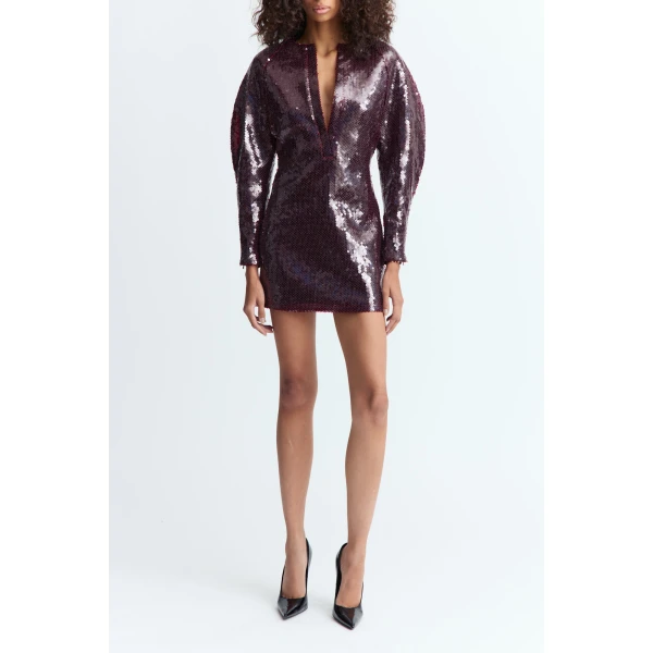 long sleeved silhouette in deep burgundy sequins