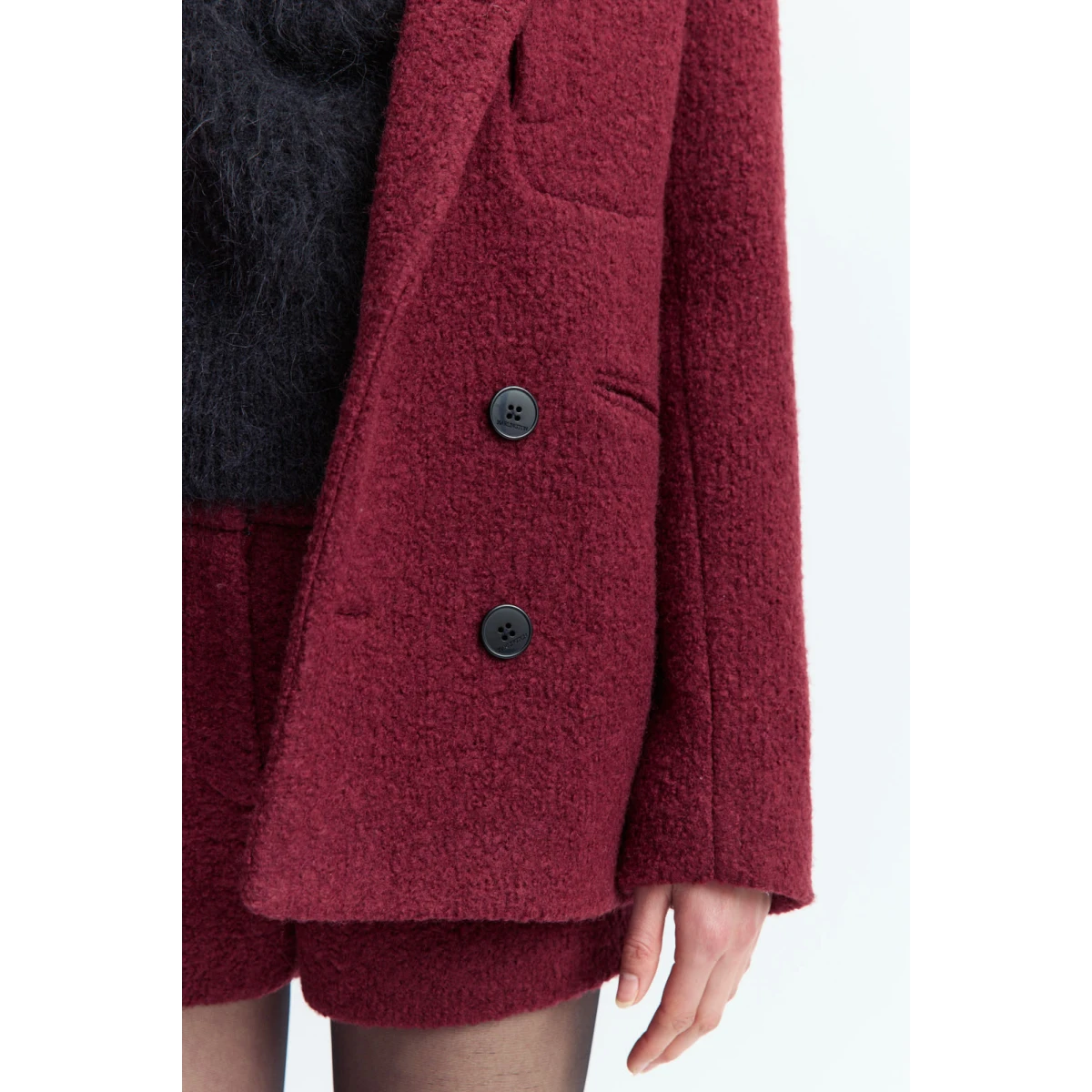 16Arlington Red Jackets with The Vale Jacket is a tailored double-breasted blazer cut from rich burgundy bouclé