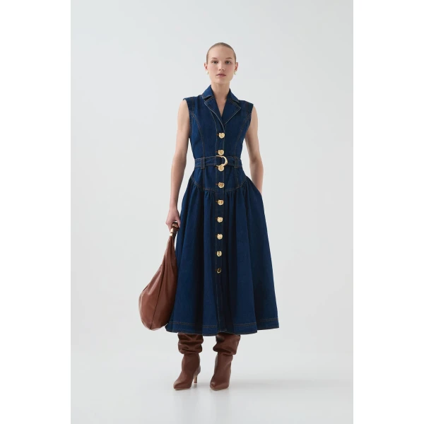 Elena Belted Denim Midi Dress