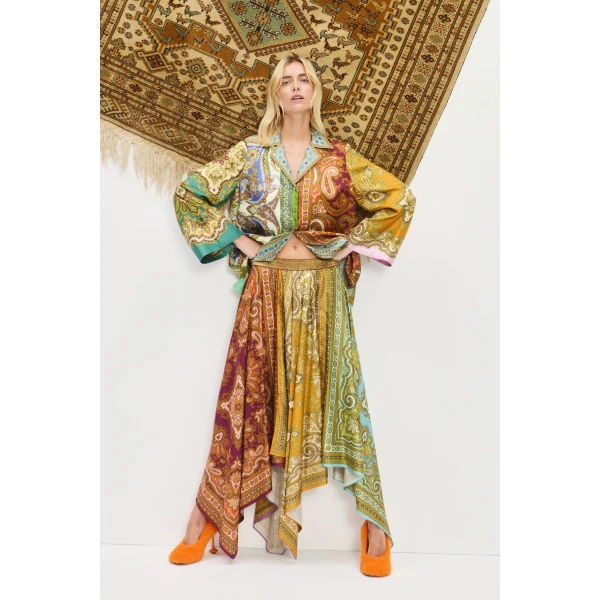 Alemais Contemporary Wardrobe Skirt Clemenza Spliced Scarf Silk Skirt — designer powerwear from Coveti