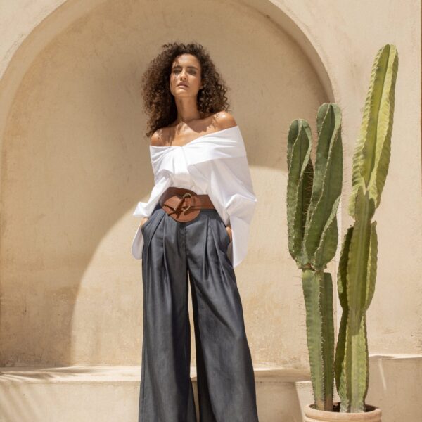 Andres Otalora luxury designer Top with bold silhouette in linen