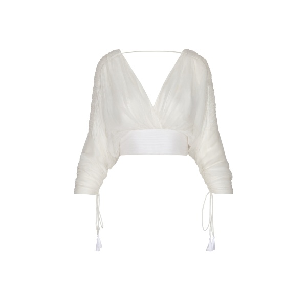 Andres Otalora luxury designer Top with bold silhouette in linen