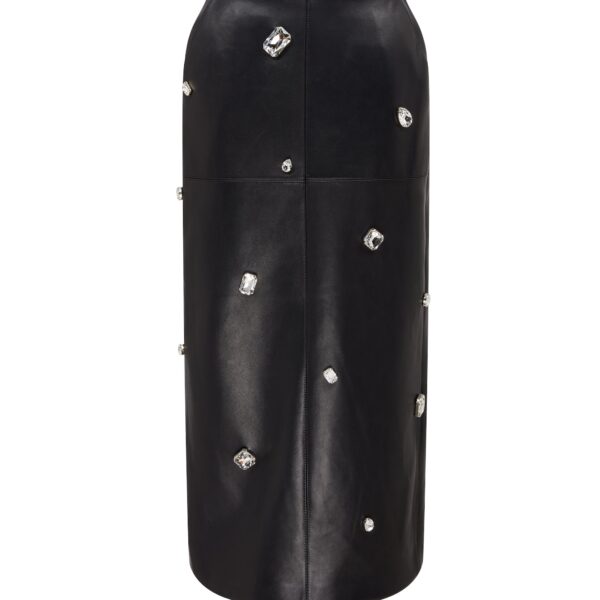 David Koma Allover Crystal Embroidered Leather Midi Skirt