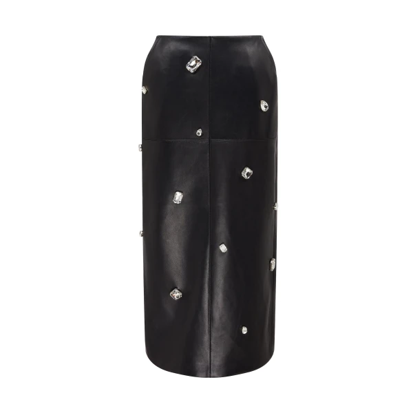 David Koma Allover Crystal Embroidered Leather Midi Skirt