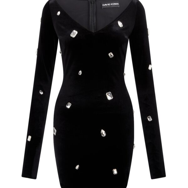 David Koma Allover Crystal Embroidered Velvet Mini Dress