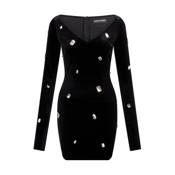 David Koma Allover Crystal Embroidered Velvet Mini Dress