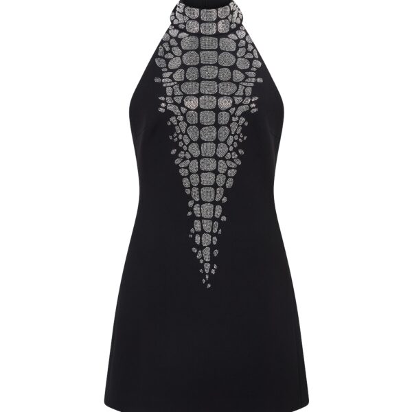 David Koma Croc Rhinestone Embroidery Halterneck Mini Dress