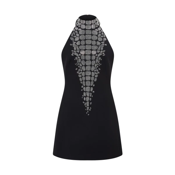 David Koma Croc Rhinestone Embroidery Halterneck Mini Dress