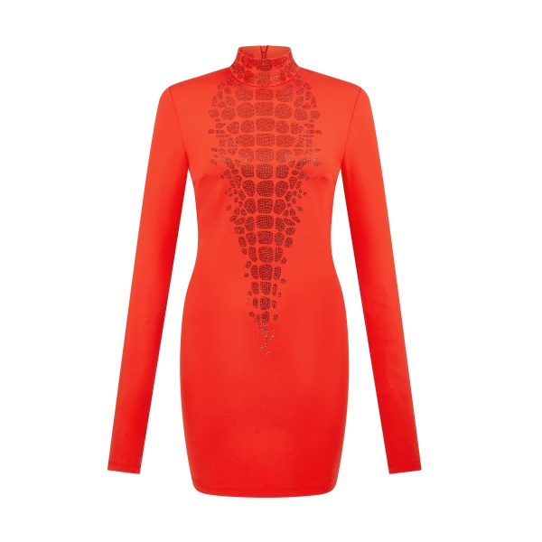David Koma Croc Rhinestone Embroidery Long Sleeve Mini Dress