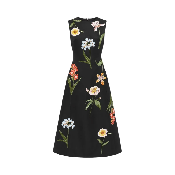 Cleo Embroidered Sleeveless Midi Dress - Botanical Print in Ebony