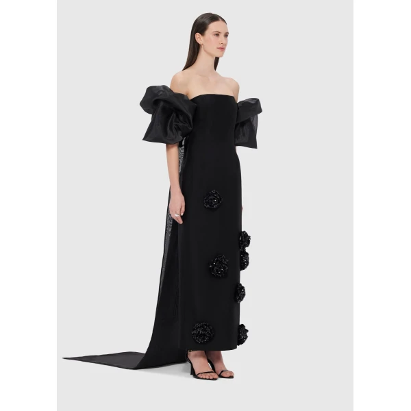 Asymmetrical long train - Organza Puff Sleeve Cape - Ebony from Coveti