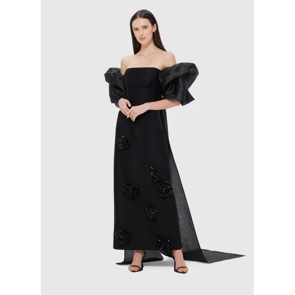 Asymmetrical long train - Organza Puff Sleeve Cape - Ebony from Coveti