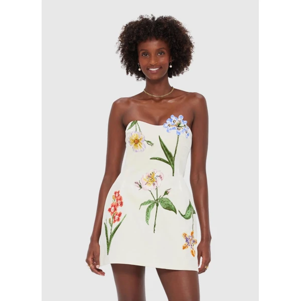 Leo Lin Rosario Velvet Mini Dress – Botanical Print in Snow, view 5