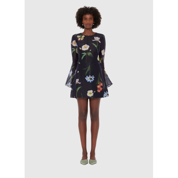 Leo Lin Suzanne Bell Sleeve Mini Dress – Botanical Print in Ebony, view 2