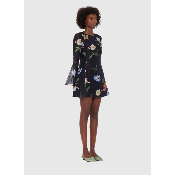 Leo Lin Suzanne Bell Sleeve Mini Dress – Botanical Print in Ebony, view 3