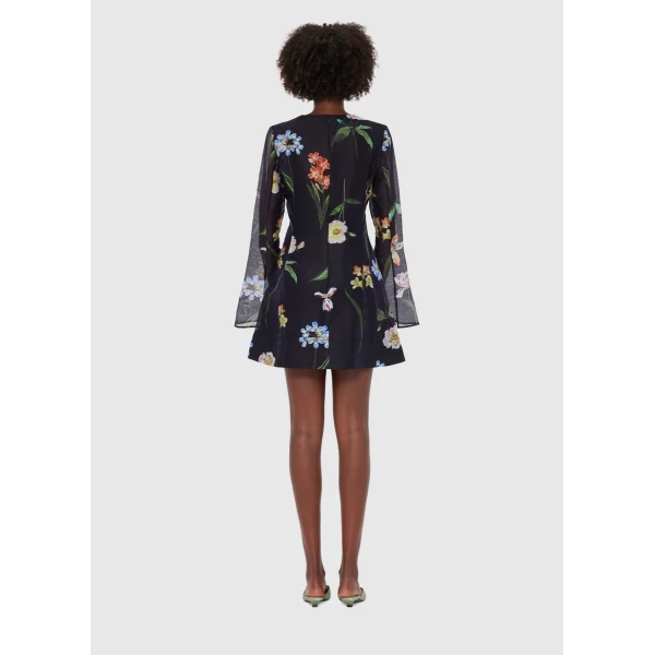 Leo Lin Suzanne Bell Sleeve Mini Dress – Botanical Print in Ebony, view 4