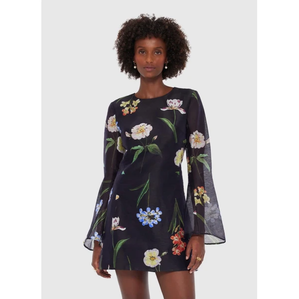 Leo Lin Suzanne Bell Sleeve Mini Dress – Botanical Print in Ebony, view 5
