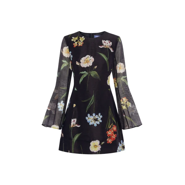 Leo Lin Suzanne Bell Sleeve Mini Dress – Botanical Print in Ebony