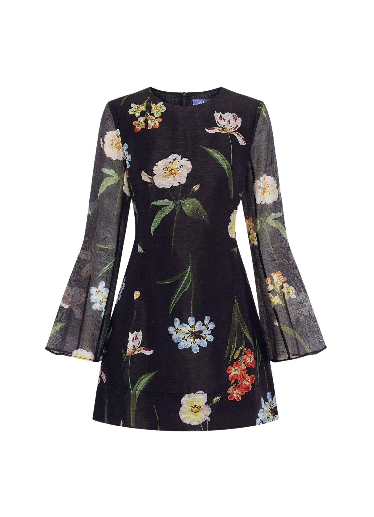 Leo Lin Suzanne Bell Sleeve Mini Dress – Botanical Print in Ebony