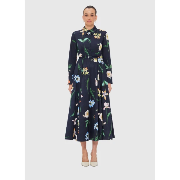 Leo Lin Zara Shirt Midi Dress – Botanical Print in Ebony, view 2