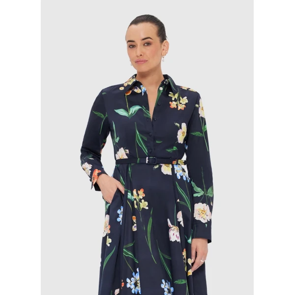 Leo Lin Zara Shirt Midi Dress – Botanical Print in Ebony, view 5