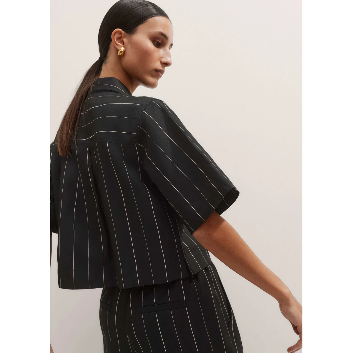 Fluid Crop Pinstripe Shirt
Italian Viscose Blend - Image 7