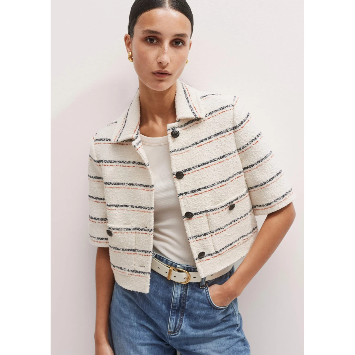 Italian Cotton Blend Stripe Short Jacket
Italian Textured Cotton Blend - Image 5