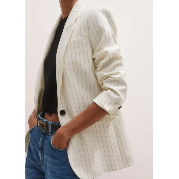 Me and Em Sharp Shoulder Pinstripe Blazer
Italian Wool-Blend Tailoring Jacket, view 2