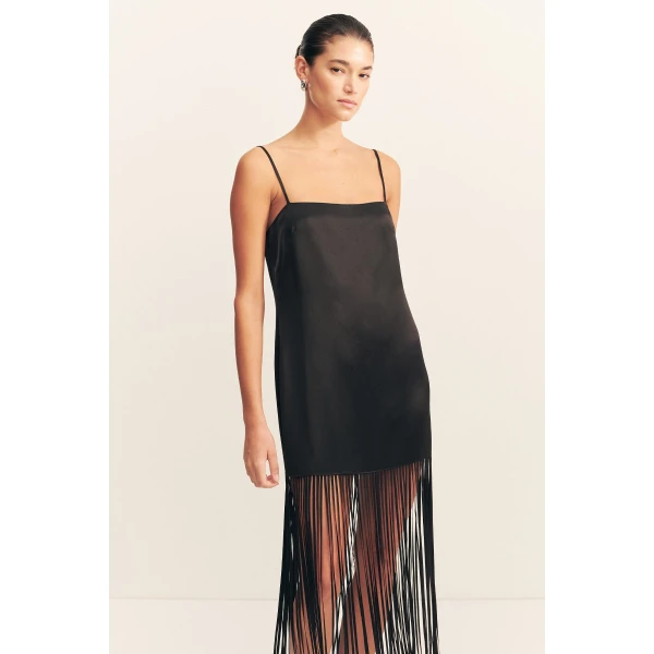 Luxurious satin acetate contrasted with a semi-sheer viscose georgette