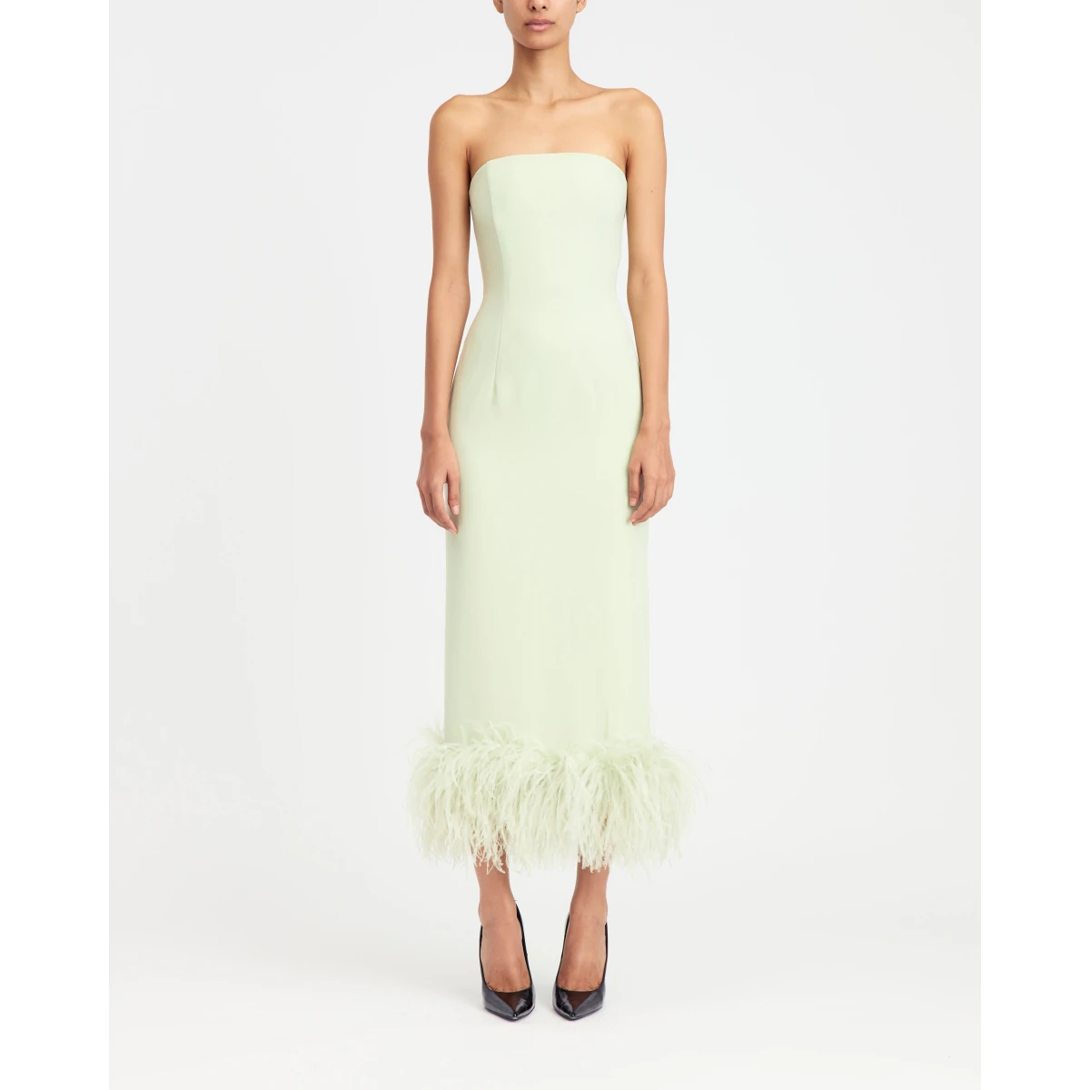 body hugging design in soft pistachio crepe.