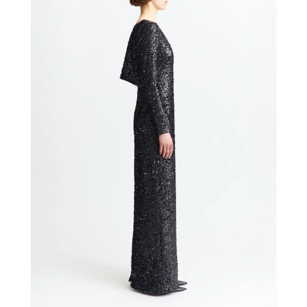 It features long sleeves and a cowl V-neck back