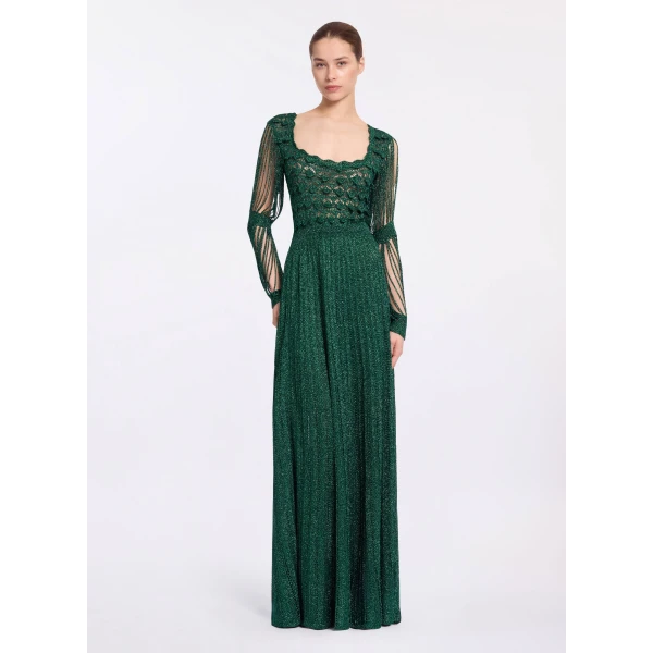 Elie Saab Absinthe Green Crochet Dress in Green featuring Scoop Neck – Luxury Designer Fashion at Coveti.