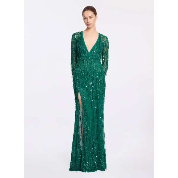 Elie Saab Bead Embroidered Fringe Gown in Green featuring Bead Embroidered Fringes – Luxury Designer Fashion at Coveti.
