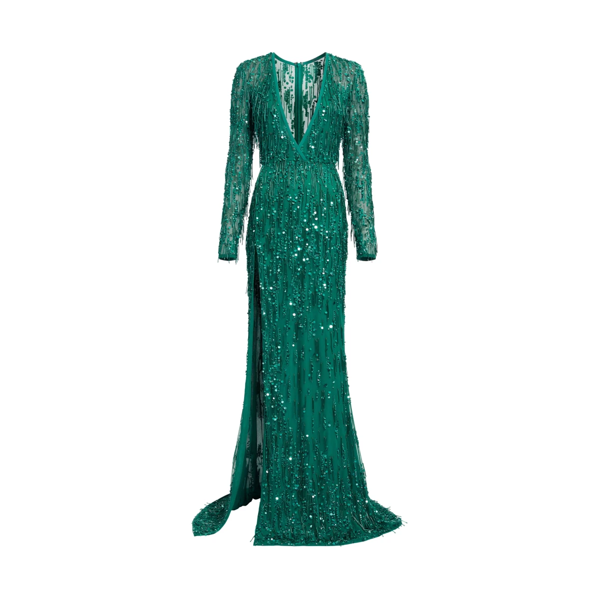 Elie Saab Bead Embroidered Fringe Gown in Green featuring Bead Embroidered Fringes – Luxury Designer Fashion at Coveti.