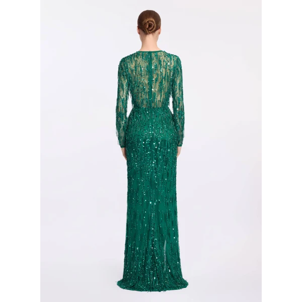 Elie Saab Bead Embroidered Fringe Gown in Green featuring Bead Embroidered Fringes – Luxury Designer Fashion at Coveti.
