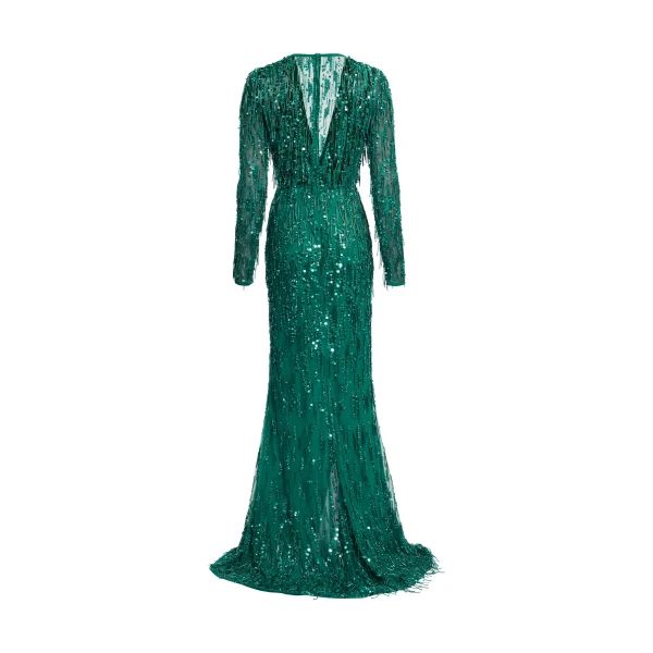 Elie Saab Bead Embroidered Fringe Gown in Green featuring Bead Embroidered Fringes – Luxury Designer Fashion at Coveti.