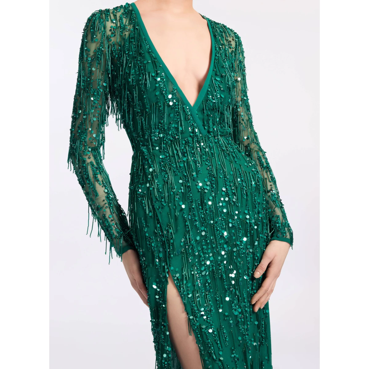 Elie Saab Bead Embroidered Fringe Gown in Green featuring Bead Embroidered Fringes – Luxury Designer Fashion at Coveti.